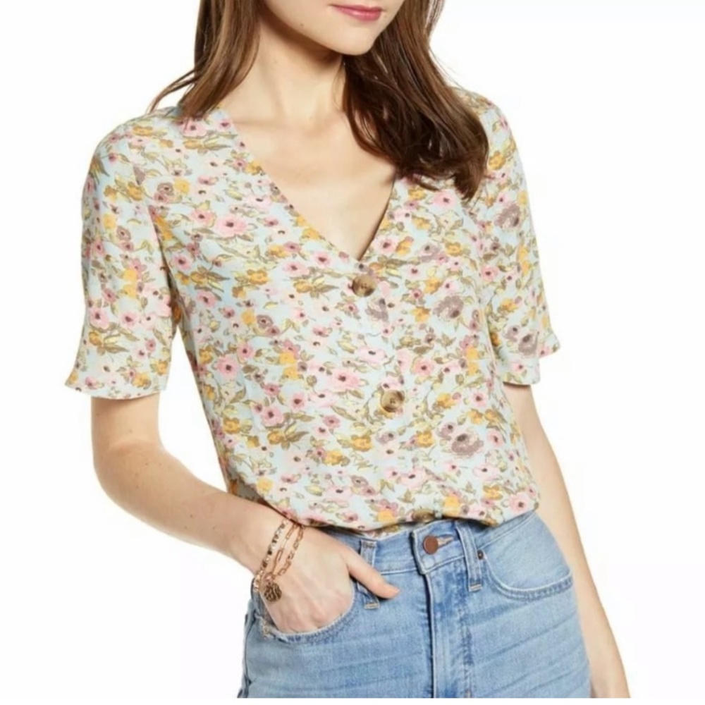 Something Navy East Woven Floral Button Down Viscose Blouse Large Cottagecore